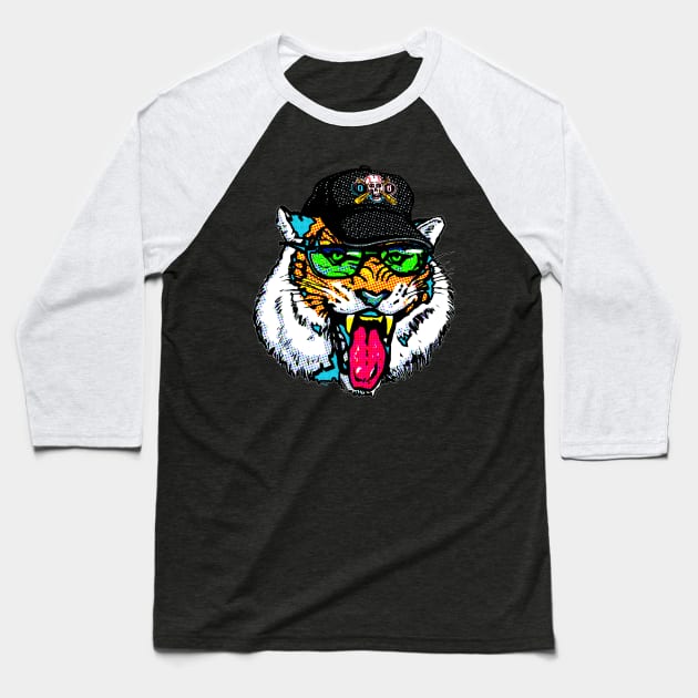Tiger Sporting Slick Shades and Skull Cap Baseball T-Shirt by Mudge